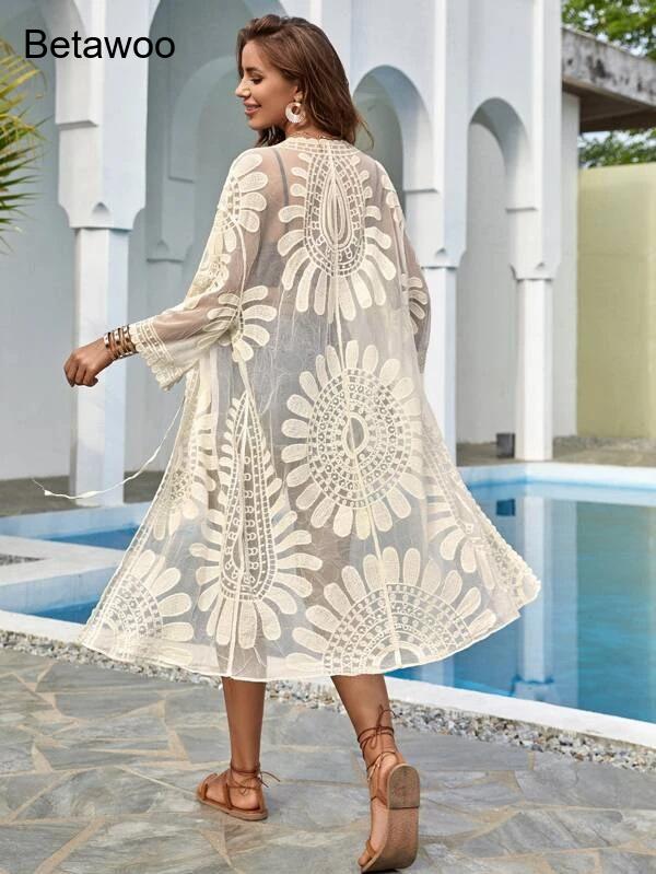 Women White Boho Floral Hollow – обзор и цена Kimono Sheer Floral
