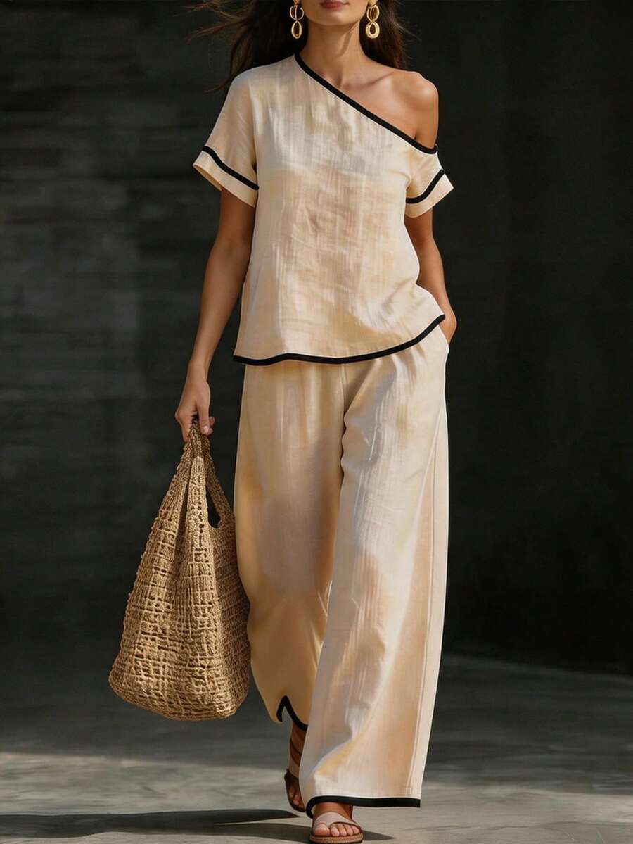 Womens Beige Asymmetric Top An – обзор и цена Linen Pant Wide
