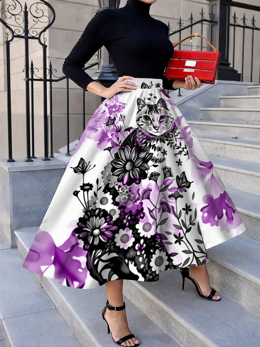 Oversized Floral Cat Print Mid – обзор и цена Midi Skirt Floral